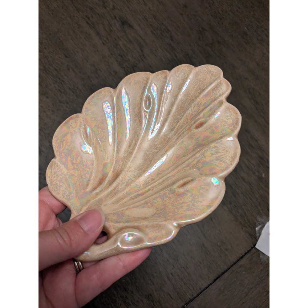 Vintage Iridescent Ceramic Scalloped Shell Dish Pearlescent Trinket Tray Pink - Picture 2 of 6